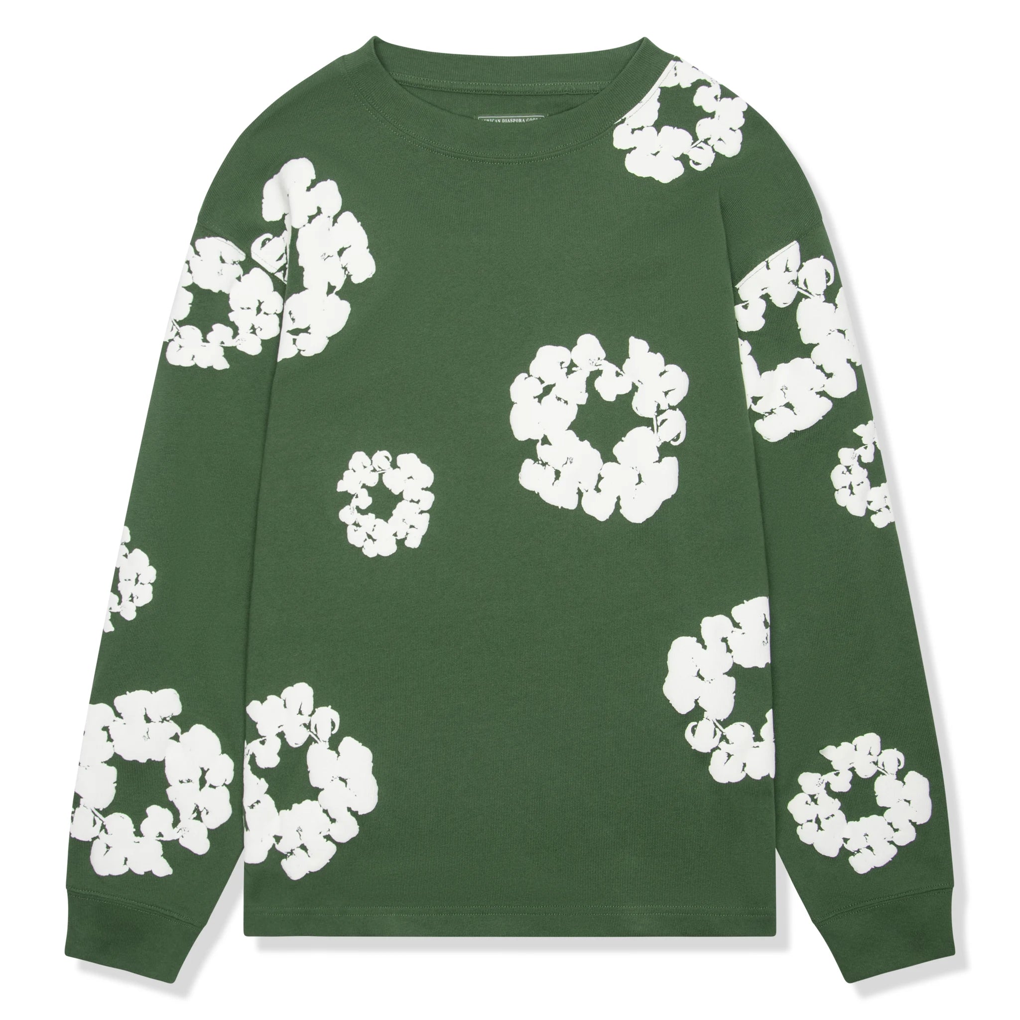 Front view of Denim Tears The Cotton Wreath Long-Sleeve Green T Shirt